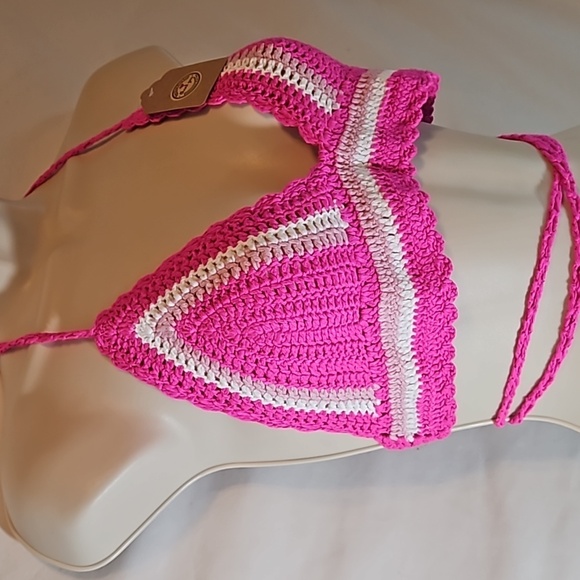 Hand Crafted Bikini Crochet Halter Top Hot Pink White Crop-Top Swim Coverup - Picture 11 of 17